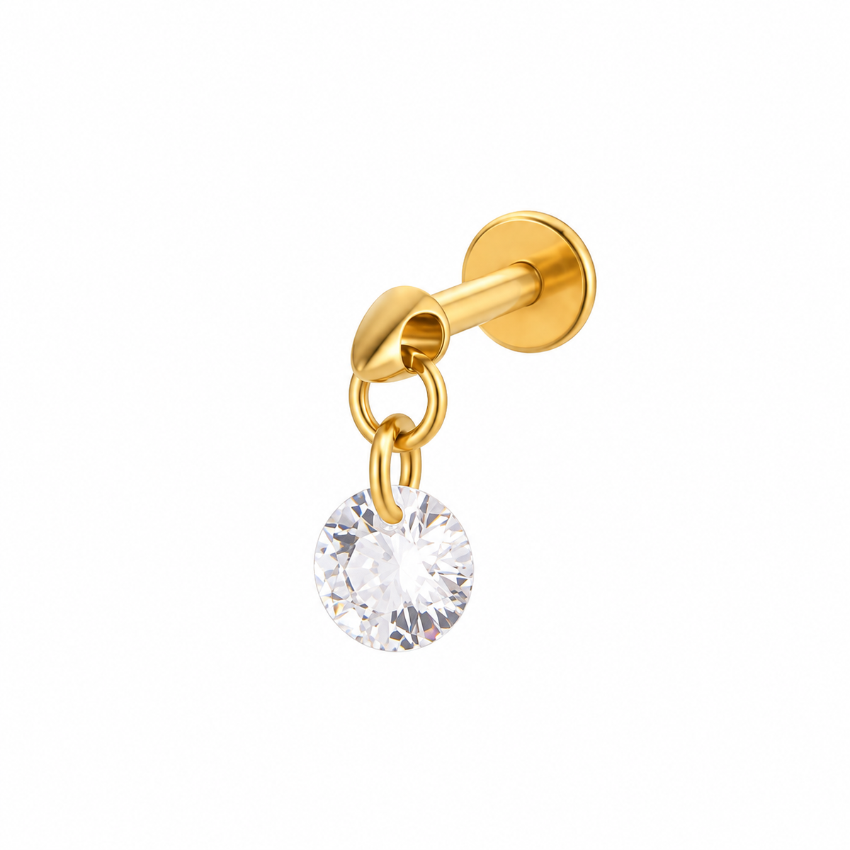 Vesper 18K gold plated stainless steel flat back earring featuring a dangling round clear cubic zirconia stone and delicate gold links, suitable for a vertical helix piercing.